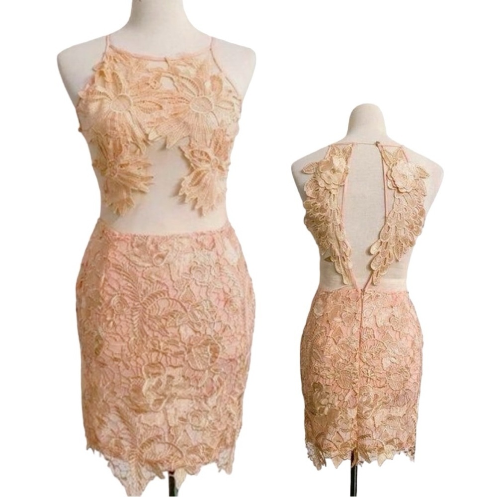 Strategic Illusion Dress Cream Lace Appliqué Sexy Club Party Night Out Mini Med - Picture 8 of 9